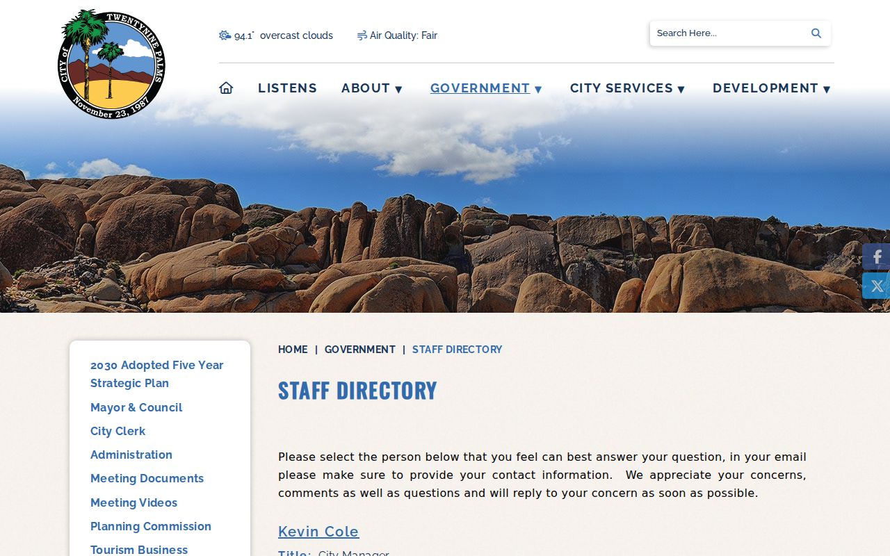 Twentynine Palms people directories city staff listing