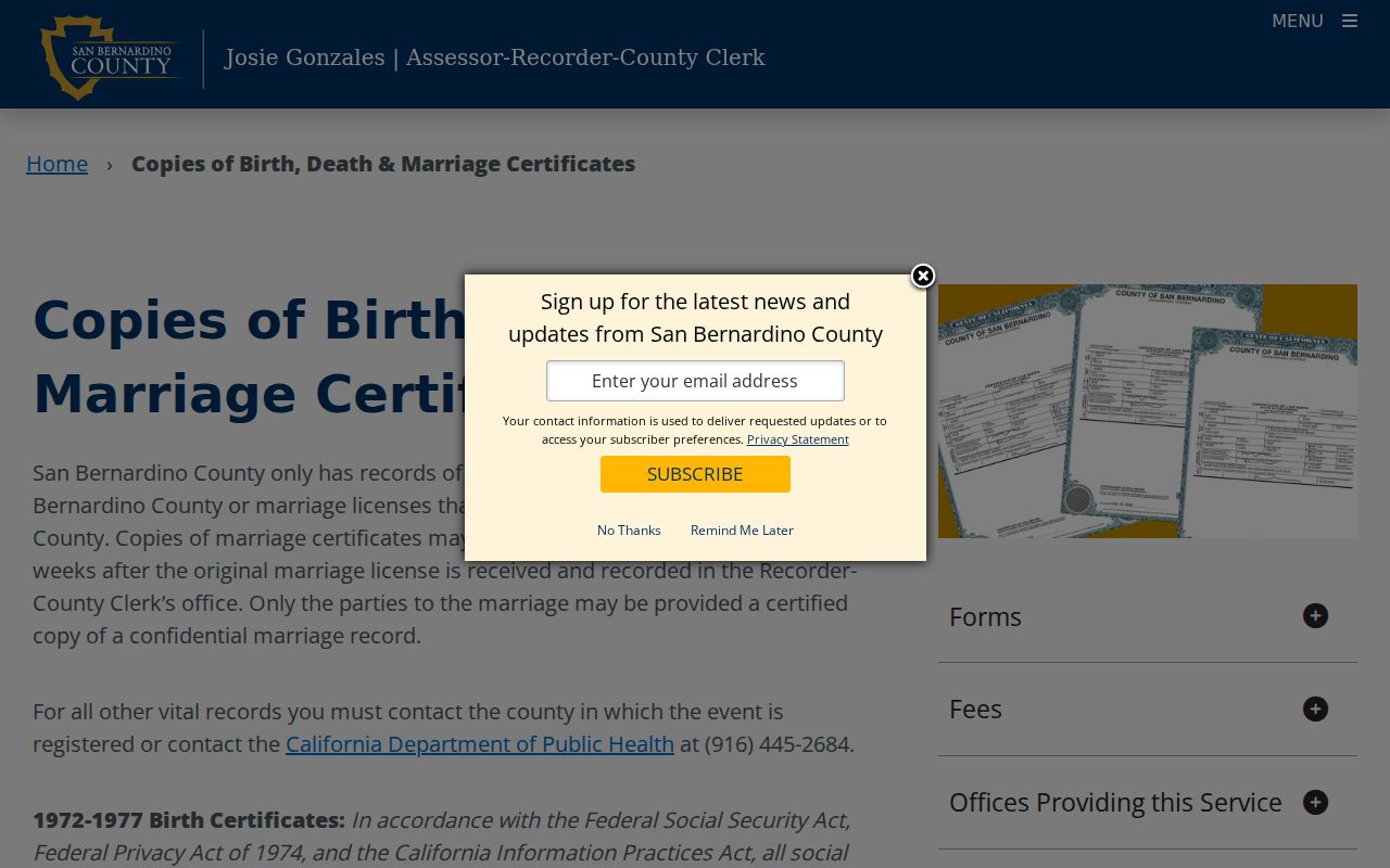 Twentynine Palms public records vital certificate fees and forms