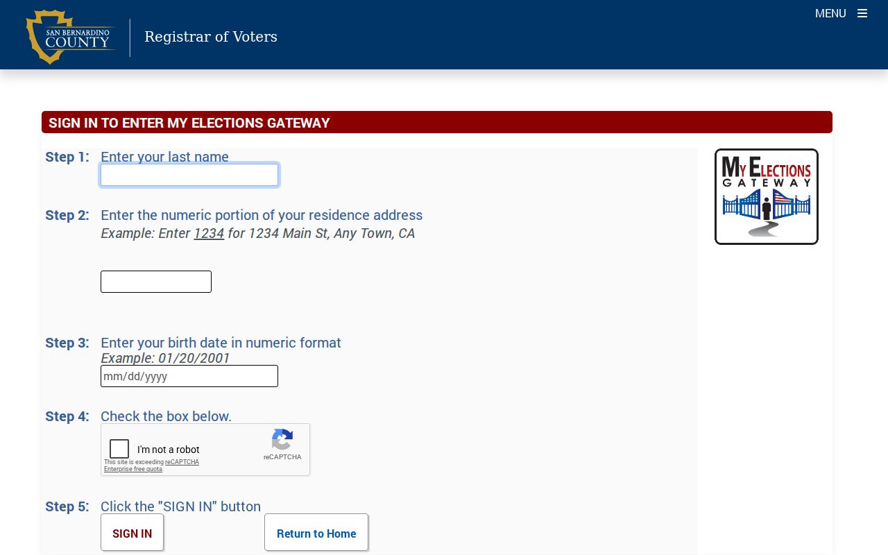 Twentynine Palms voter registration fields in My Elections Gateway